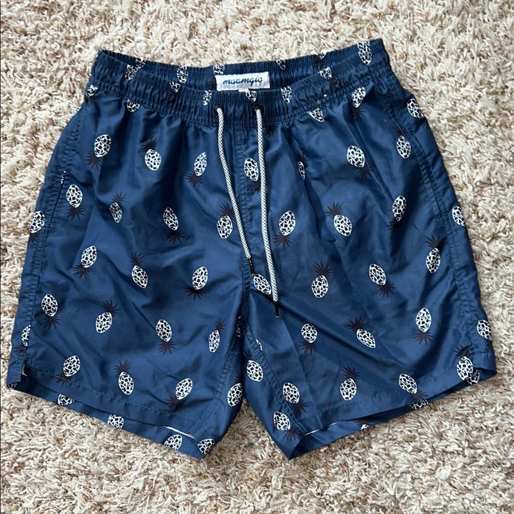 Navy Pineapple Print Swim Trunks by Maamgic